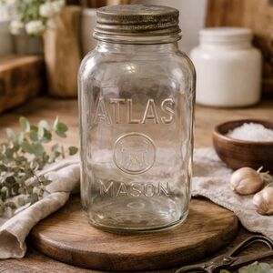 Vintage Atlas Mason Jar Square Paneled Clear Glass 9.5”